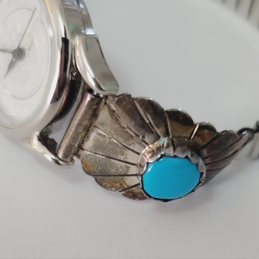 H Signed Southwest Traditions sterling silver with turquoise Watch - Picture 2 of 6